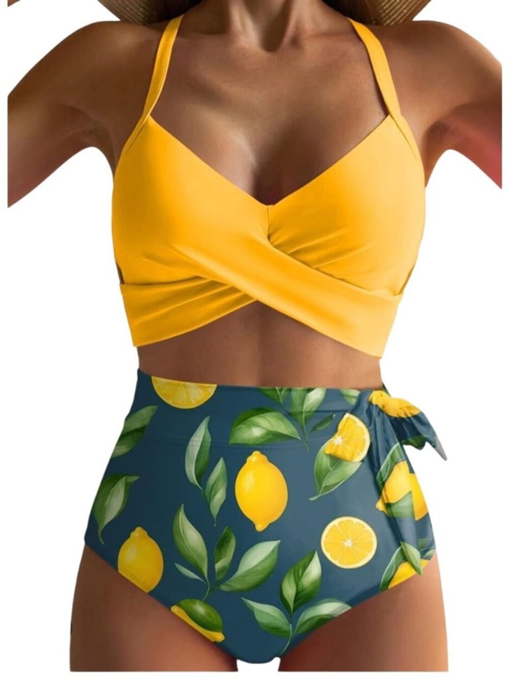 Womens Med Swimsuit Yellow Cross Wrap Bikini Top High-Waisted Lemon Print Bottom
